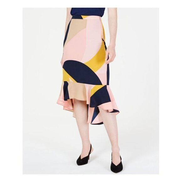 NWT Bar III Colorblock Abstract Printed Asymmetrical High Low Skirt sz 8 - Picture 1 of 6